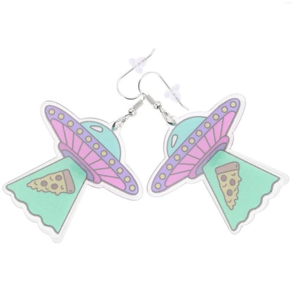 UFO 'They're Only Here For Pizza' Earrings - Dangle Cosplay Halloween Style - Picture 3 of 8